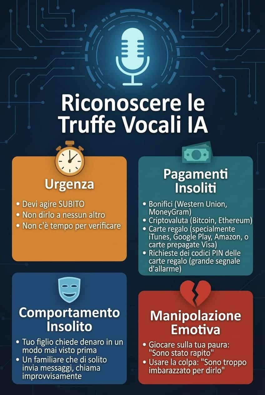 Segnali per riconoscere le truffe vocali basate sull'intelligenza artificiale: carattere urgente, pagamenti insoliti, comportamenti insoliti e manipolazione emotiva.