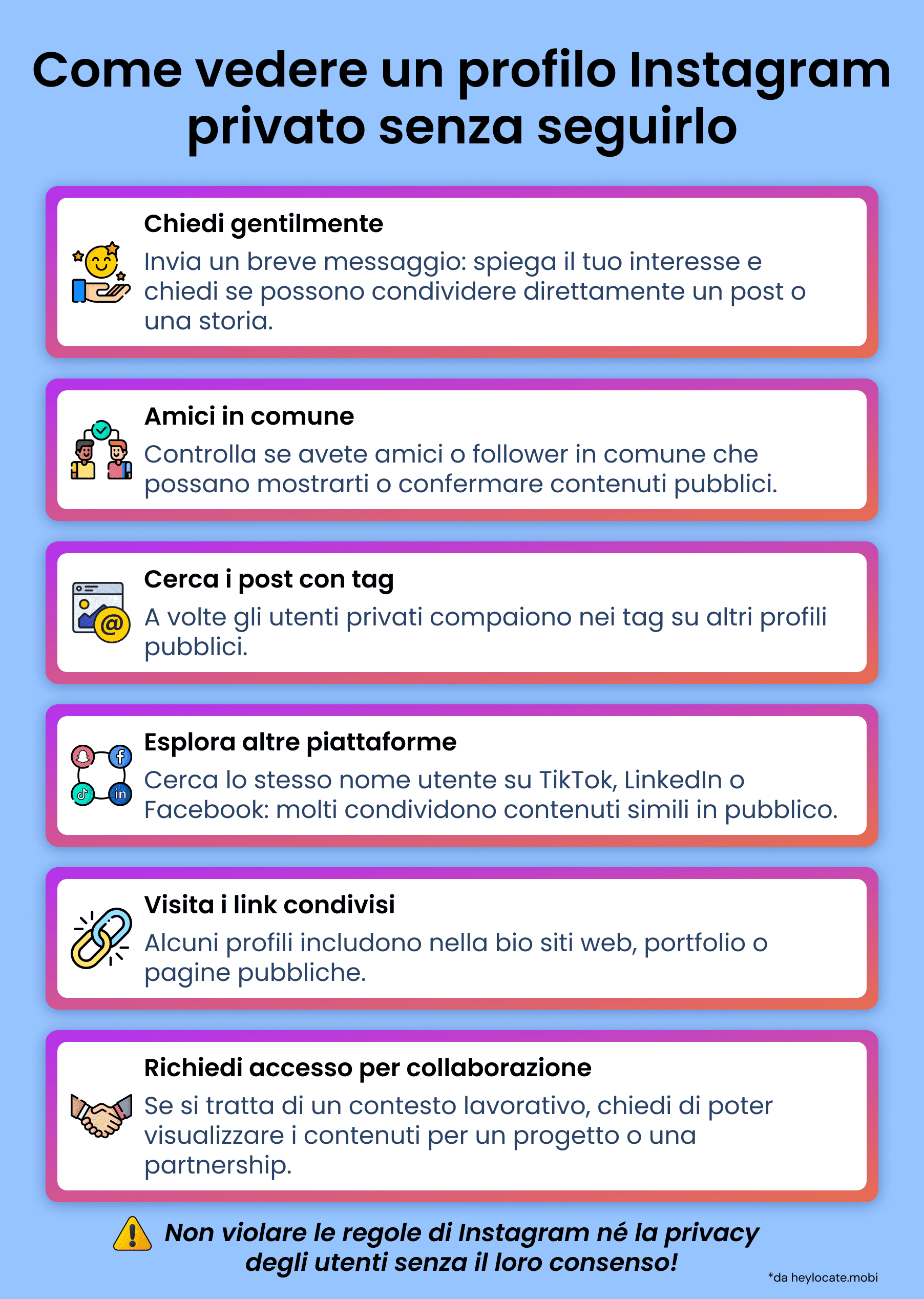 Infografica sui modi sicuri per visualizzare account privati di Instagram senza seguire la persona.