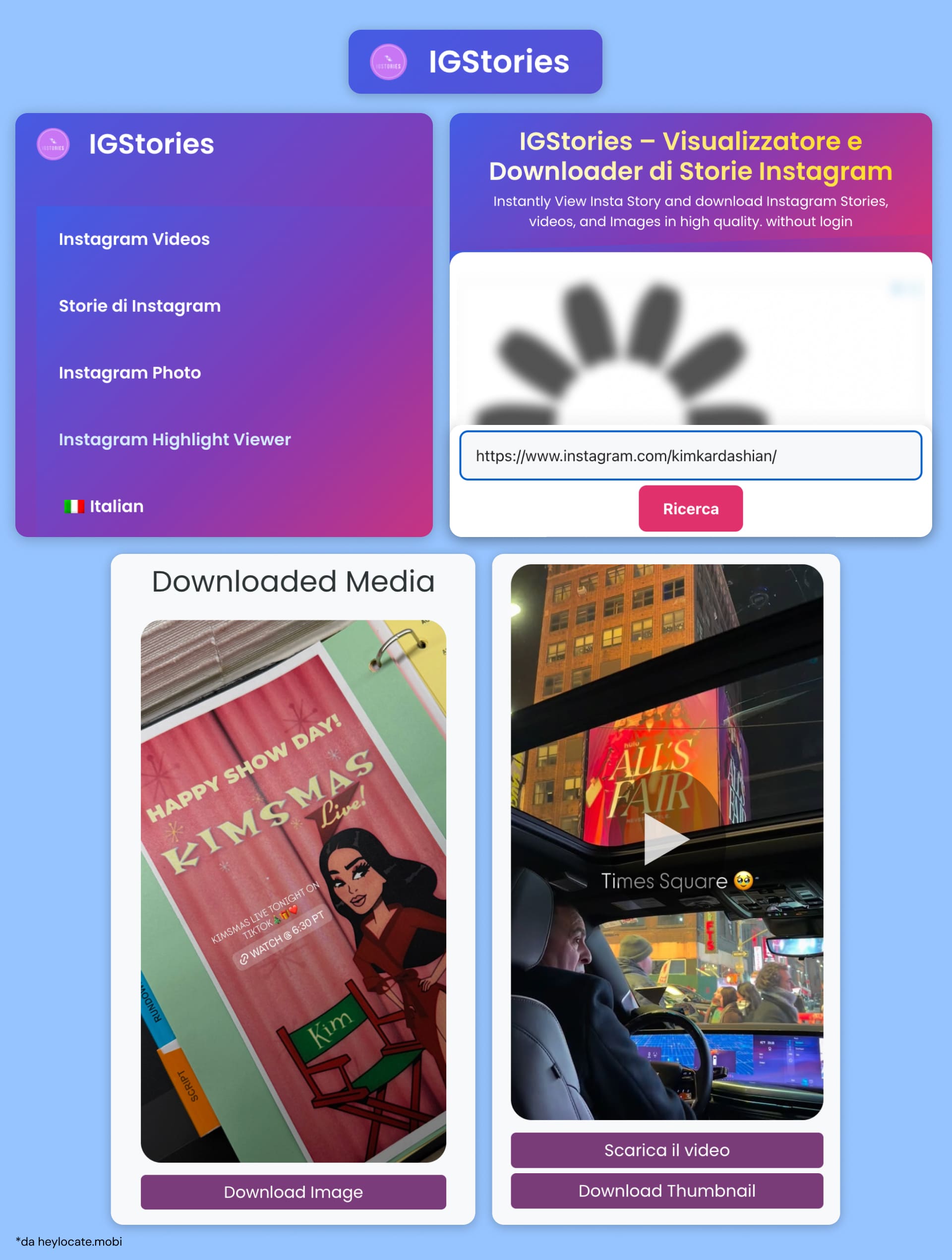 Interfaccia di IGStories con menu, ricerca profili e media caricati.