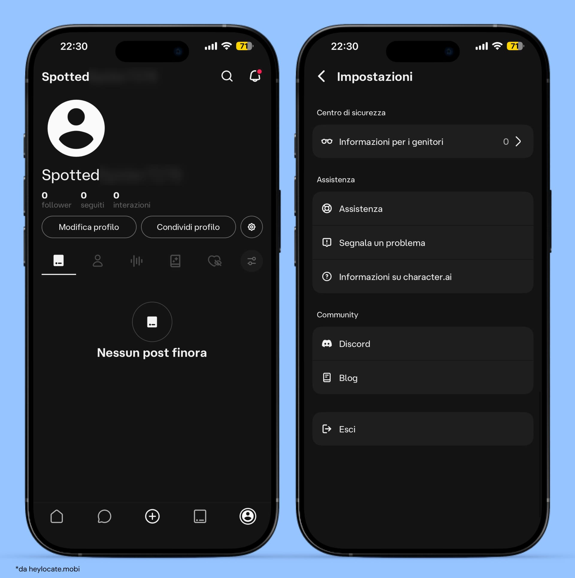 Profilo utente di Character AI e menu delle impostazioni che mostra la sezione Centro di sicurezza con la funzione Parental Insights.