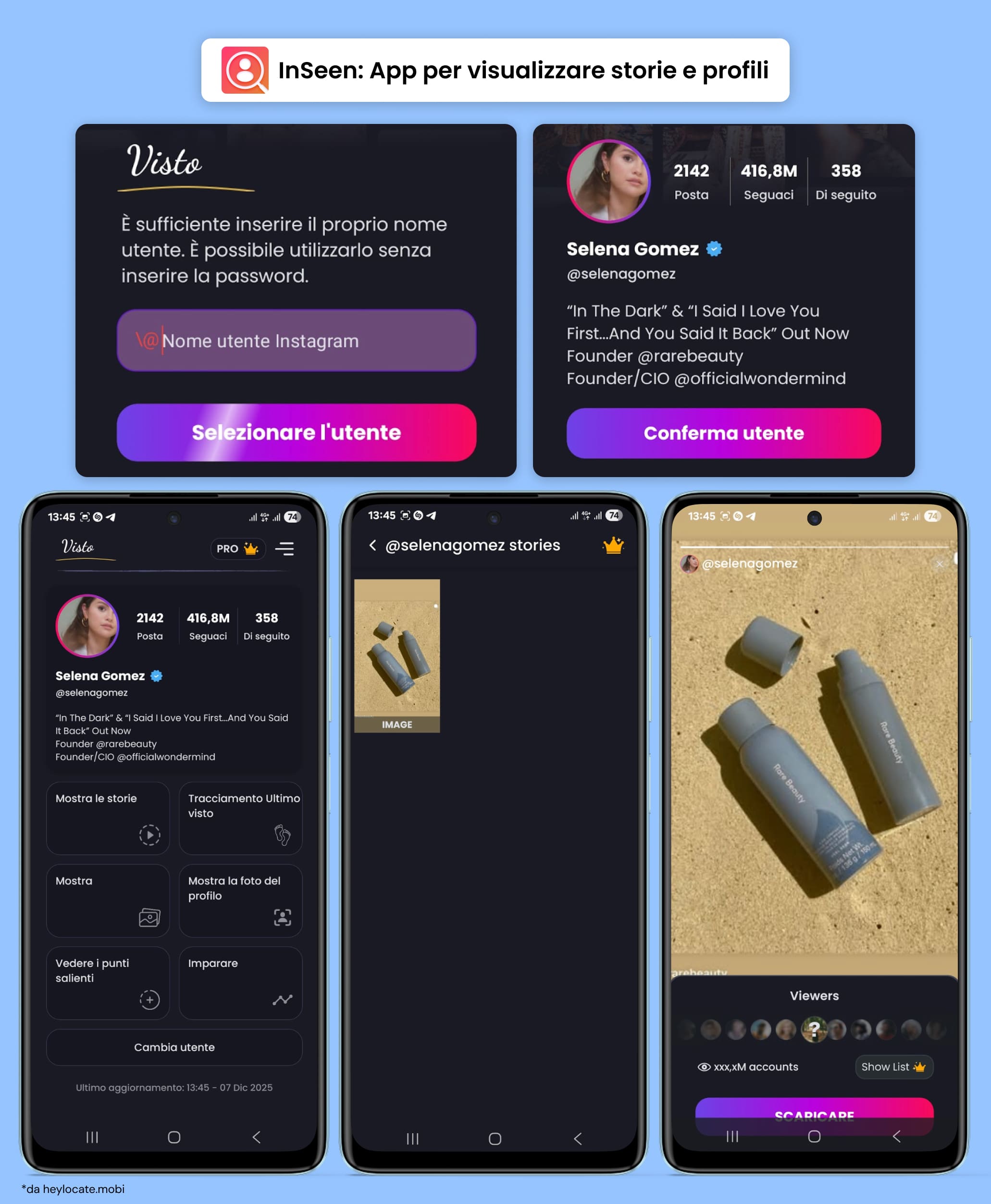 Interfaccia dell’app InSeen con inserimento username, vista profilo, stories e statistiche Instagram.