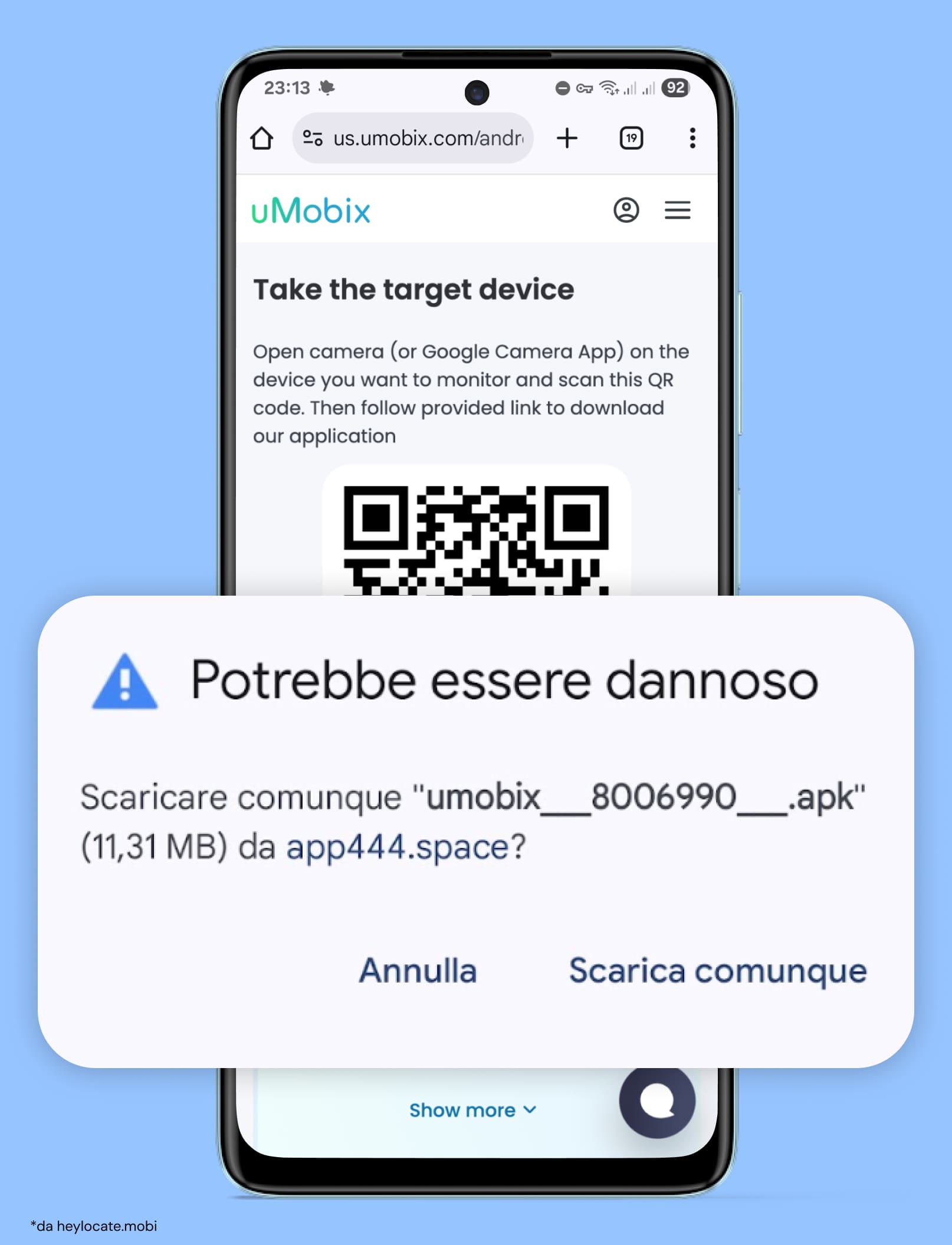 Installazione dell’app uMobix con un codice QR e un avviso sul download del file APK.