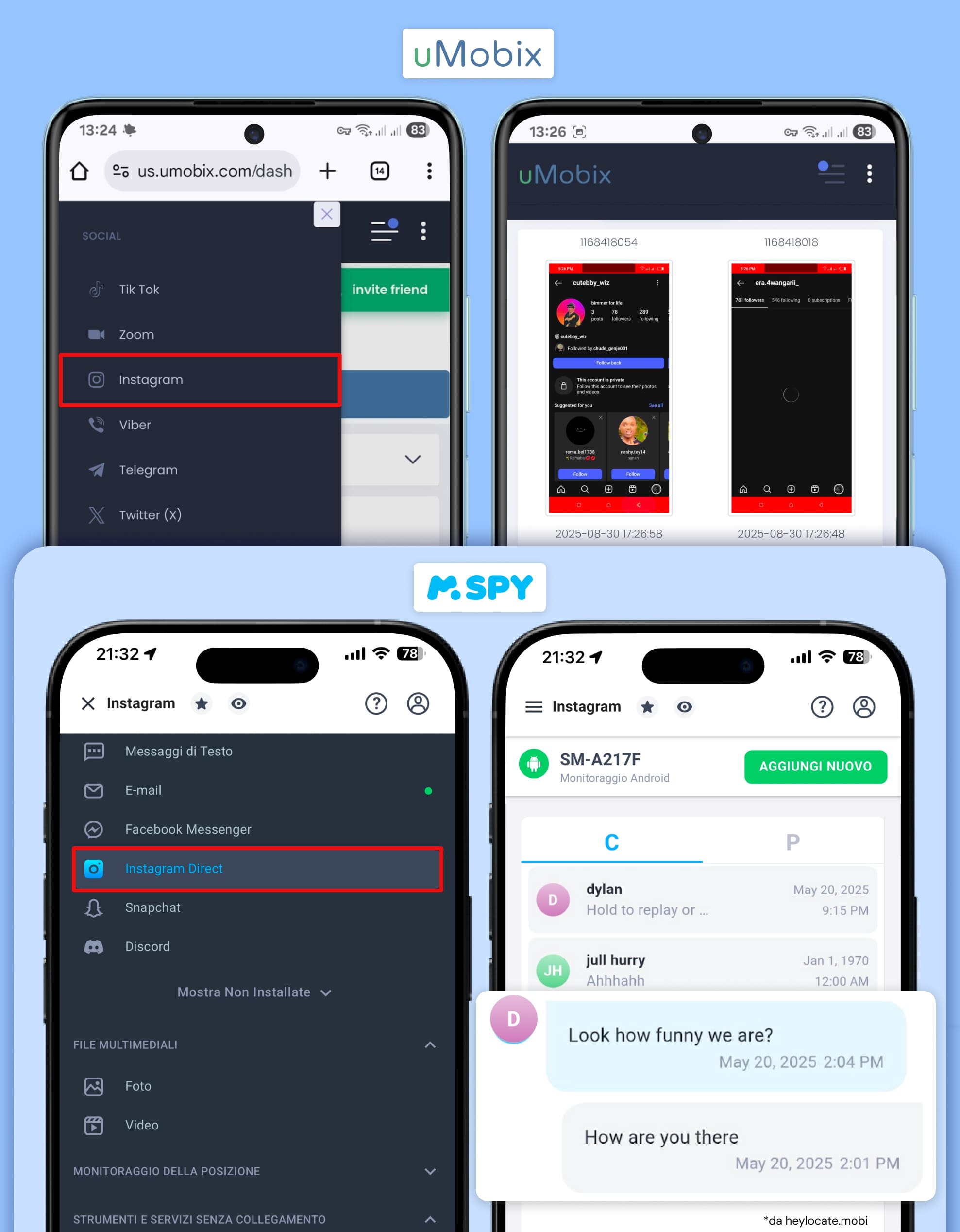 Visualizzazione degli screenshot di Instagram in uMobix e delle conversazioni Instagram tramite mSpy.