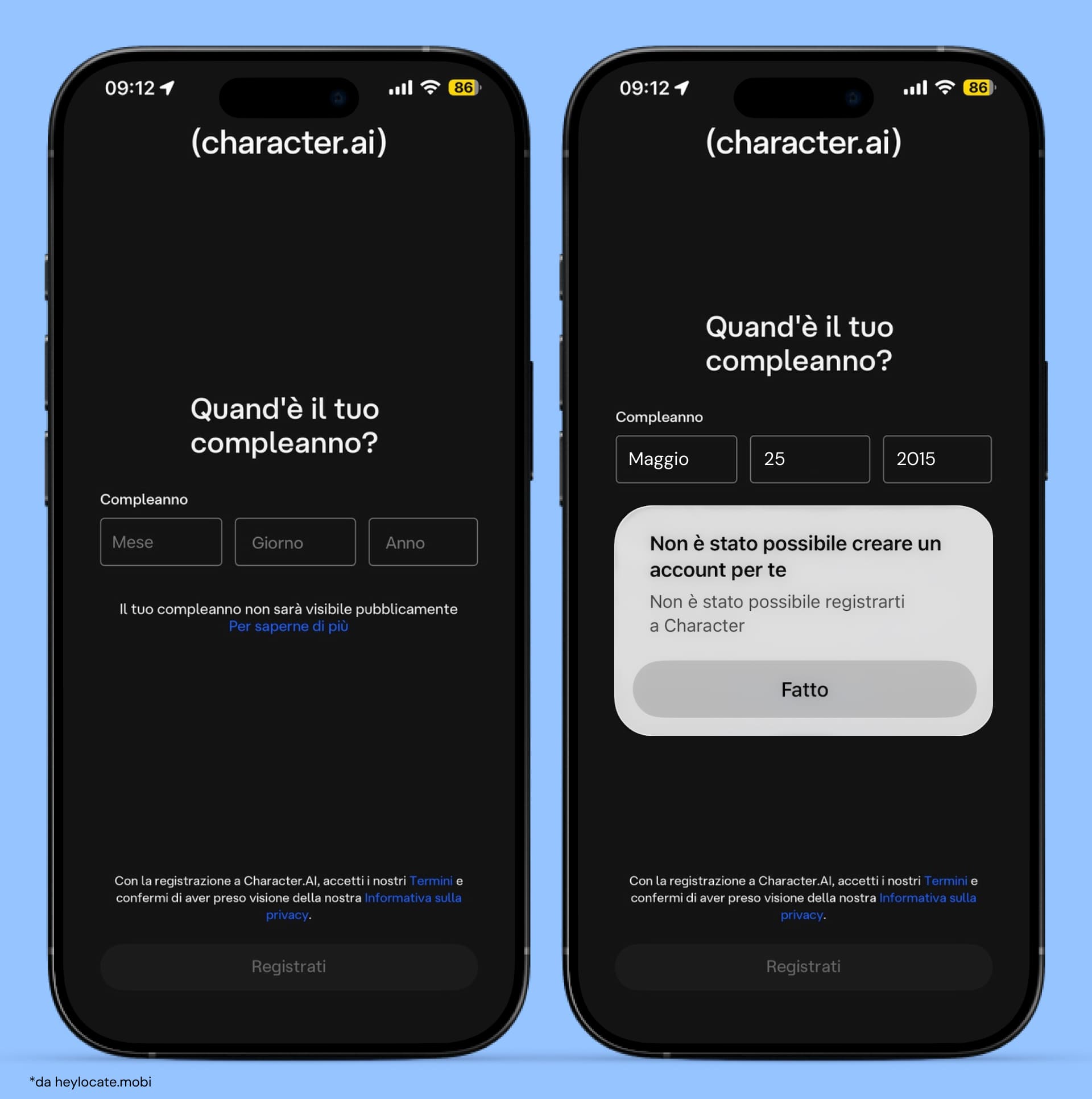 Schermata di inserimento della data di nascita e messaggio di errore durante la creazione di un account su Character AI per utenti sotto i 13 anni.
