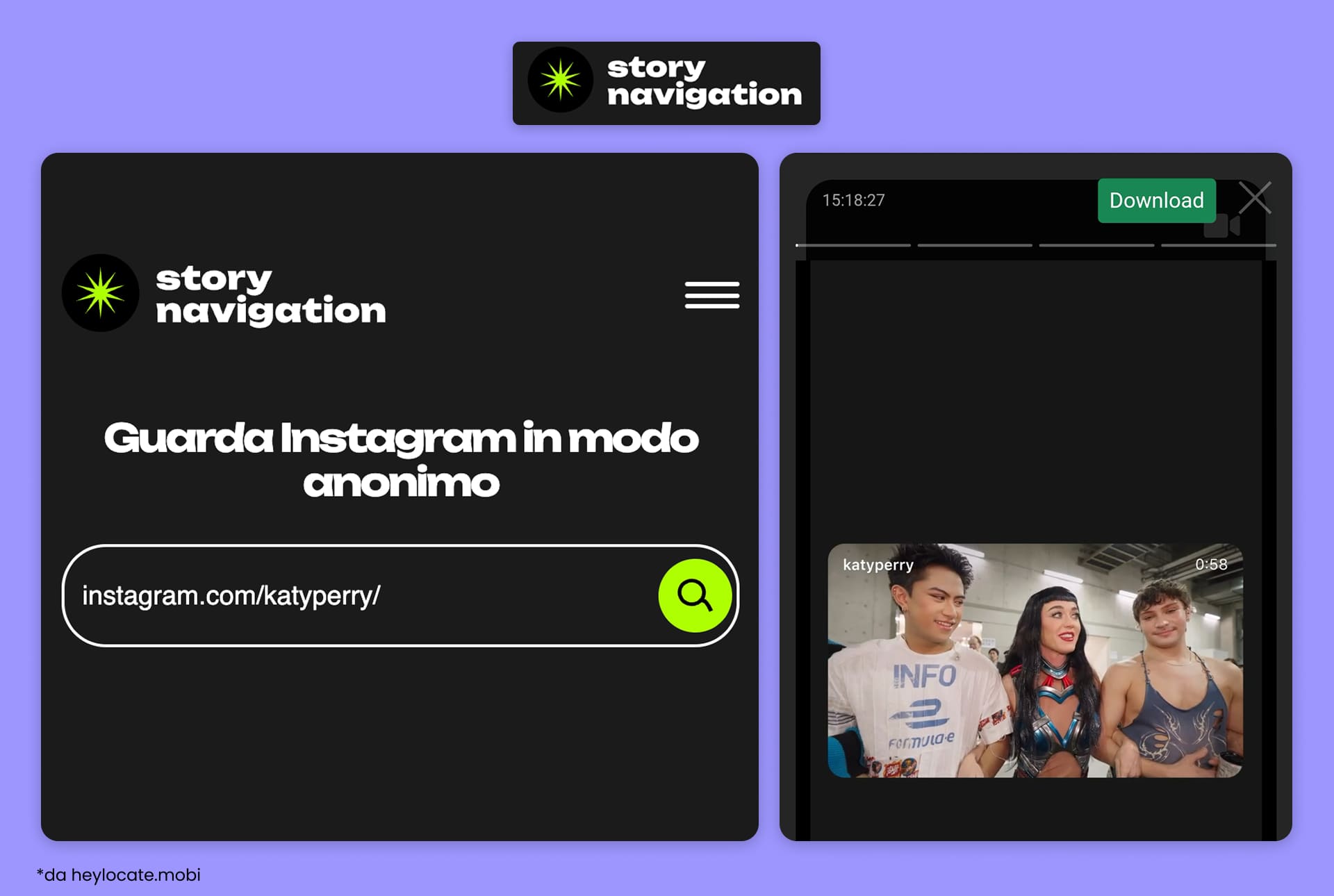 Interfaccia di StoryNavigation con una barra di ricerca e un esempio di una story pubblica con un pulsante di download.