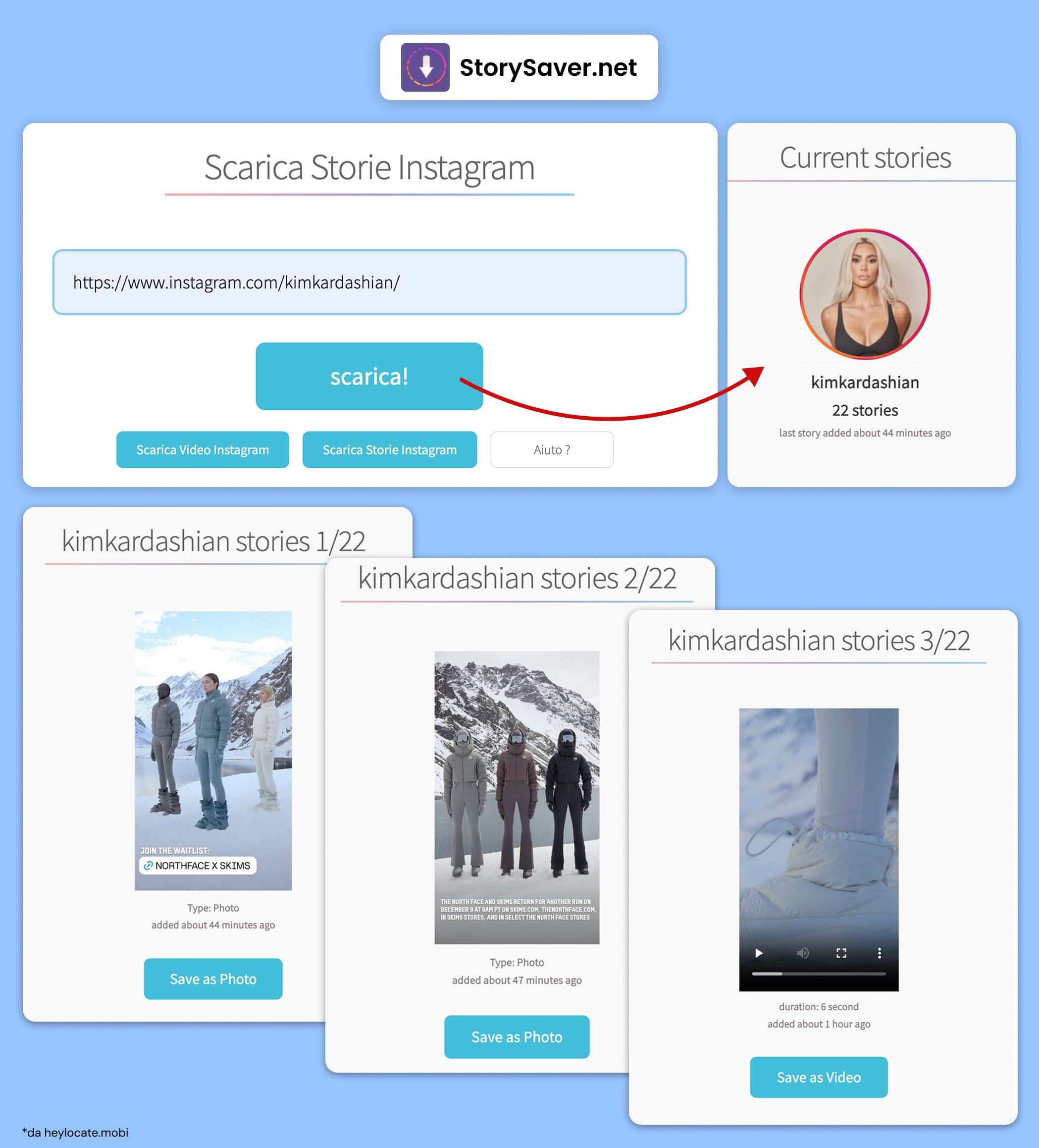 Interfaccia di StorySaver.net: inserire un link Instagram, vedere le stories attuali e salvare foto e video dalle stories dell’account.