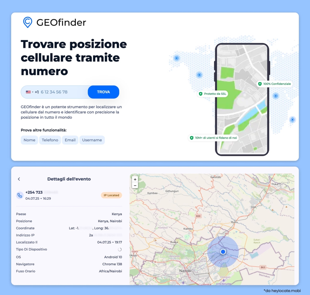 Inserimento di un numero di telefono e risultati relativi.