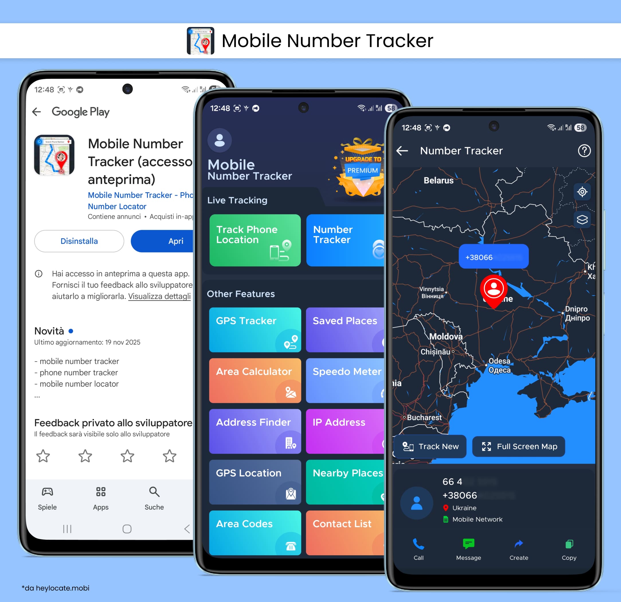 Installazione dell’app, pagina principale con varie funzioni e risultati sulla mappa.