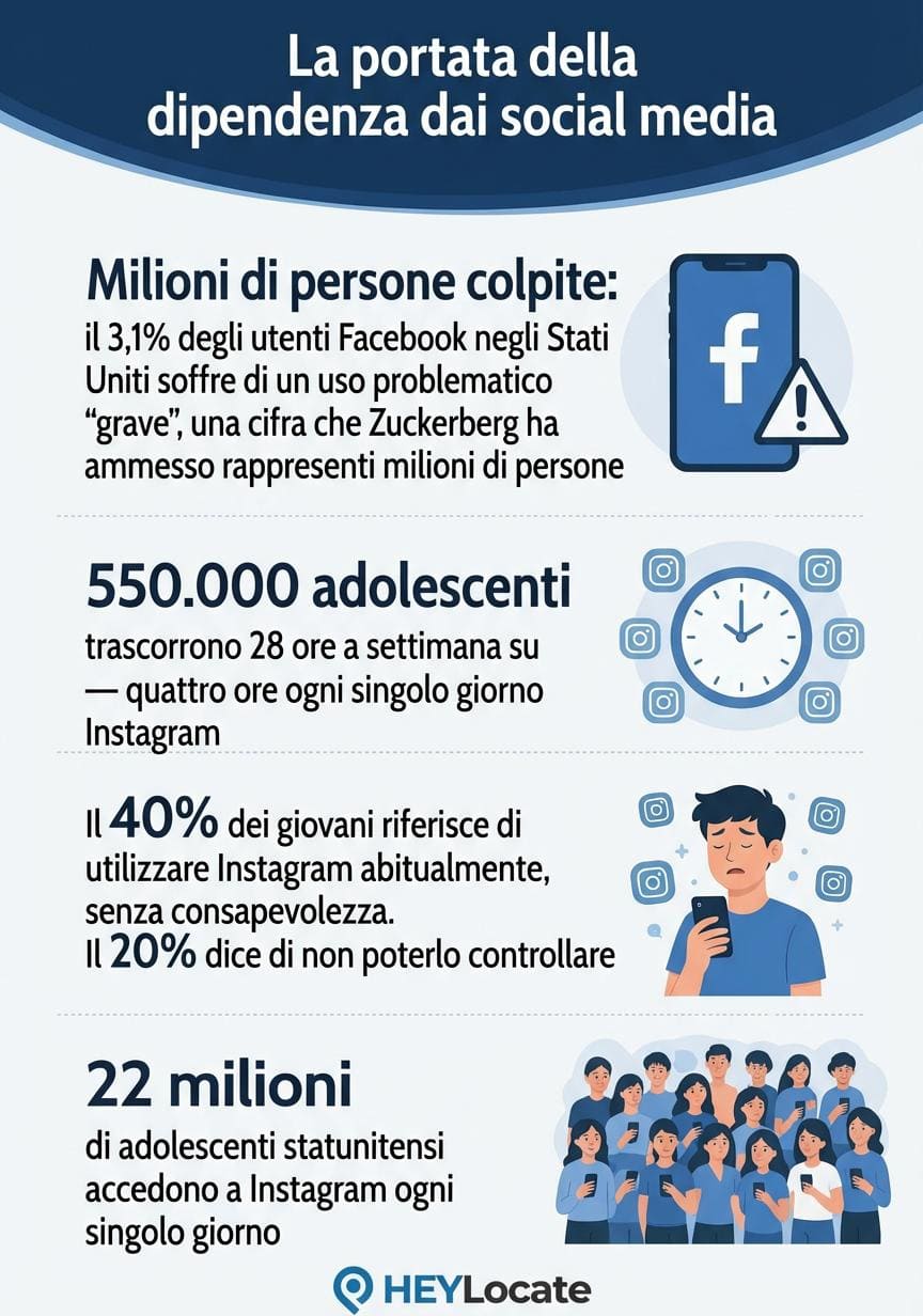 Infografica che mostra la portata della dipendenza dai social media su Facebook e Instagram tra i bambini.