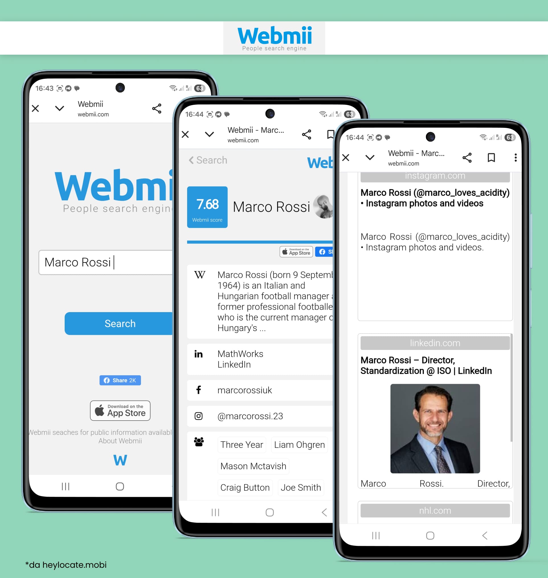 Sito Webmii che mostra una pagina di ricerca persone con punteggio del profilo, link ai social media e risultati di ricerca correlati.