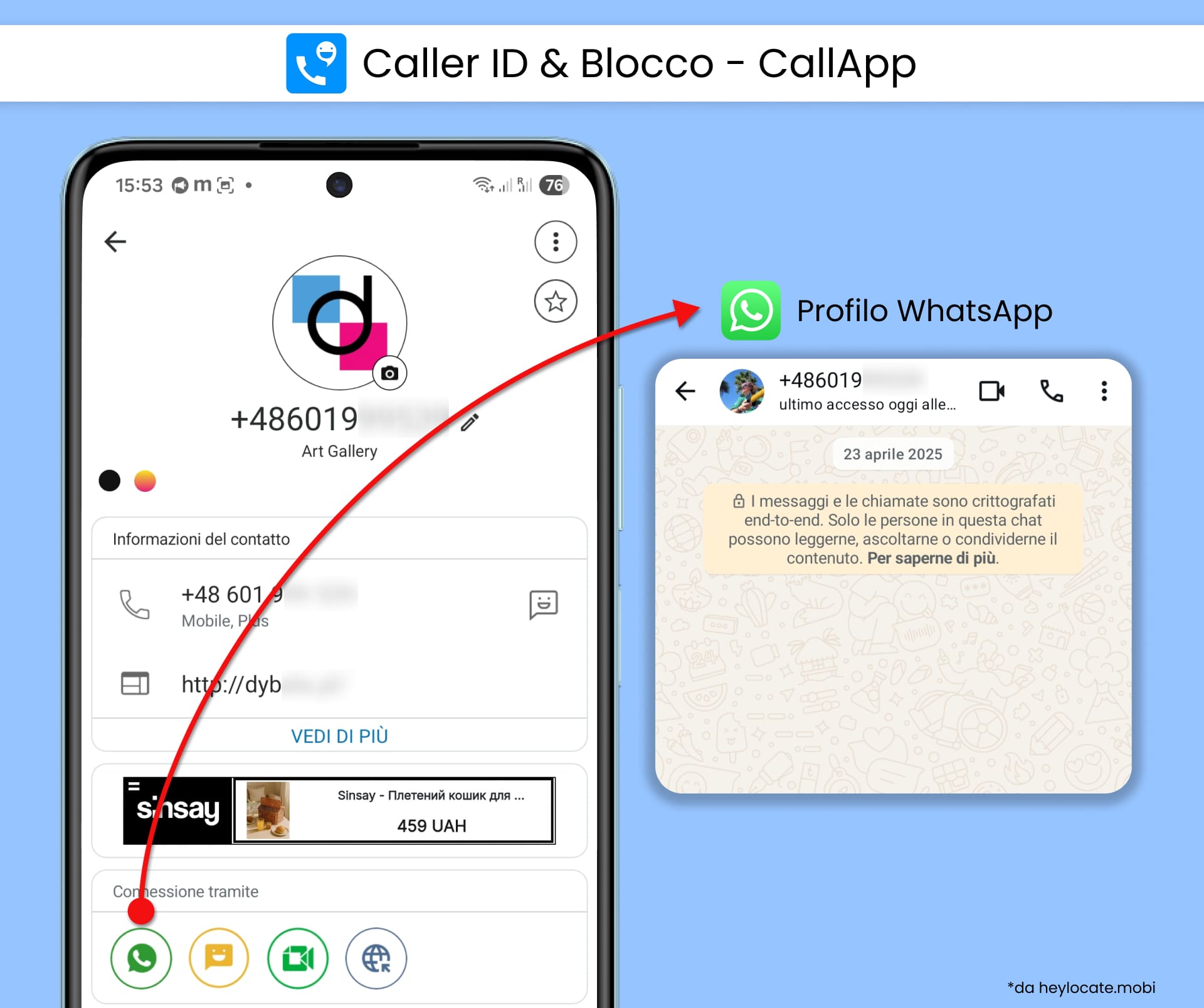 CallApp mostra un risultato di ricerca telefonica inversa con un link al profilo WhatsApp del numero.