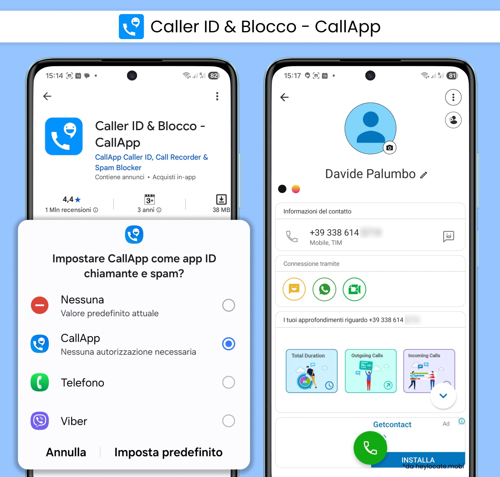 CallID App mostra un risultato di ricerca telefonica inversa per un numero con un profilo associato.