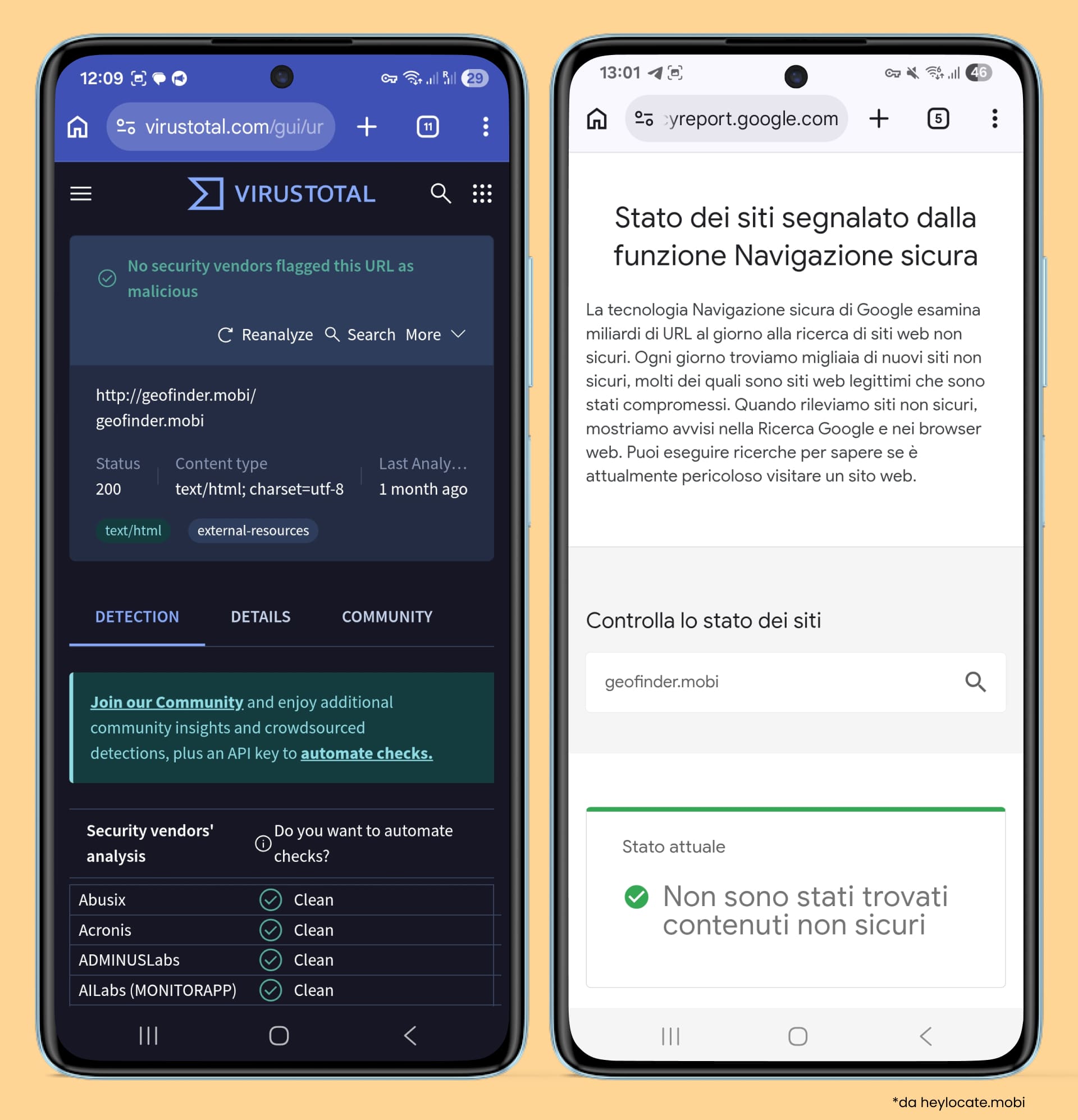 Screenshot di VirusTotal e Google Safe Browsing che mostrano il controllo di sicurezza del sito web, senza segnalazioni di fornitori come dannoso e senza contenuti non sicuri rilevati.