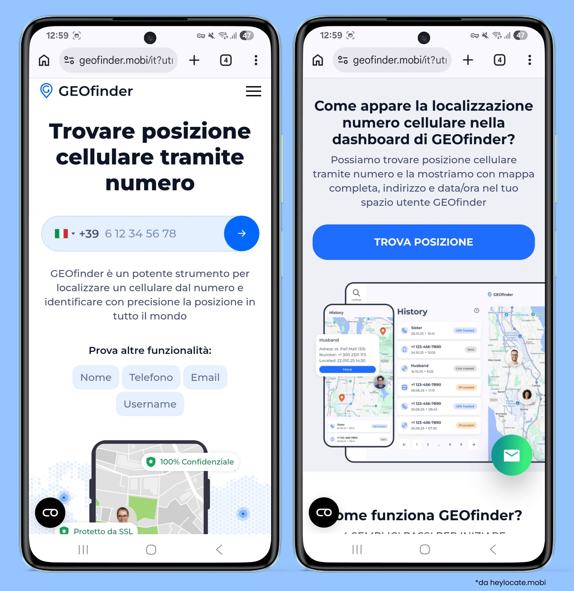 Screenshot dal sito web del localizzatore di numeri di telefono GEOfinder.mobi.