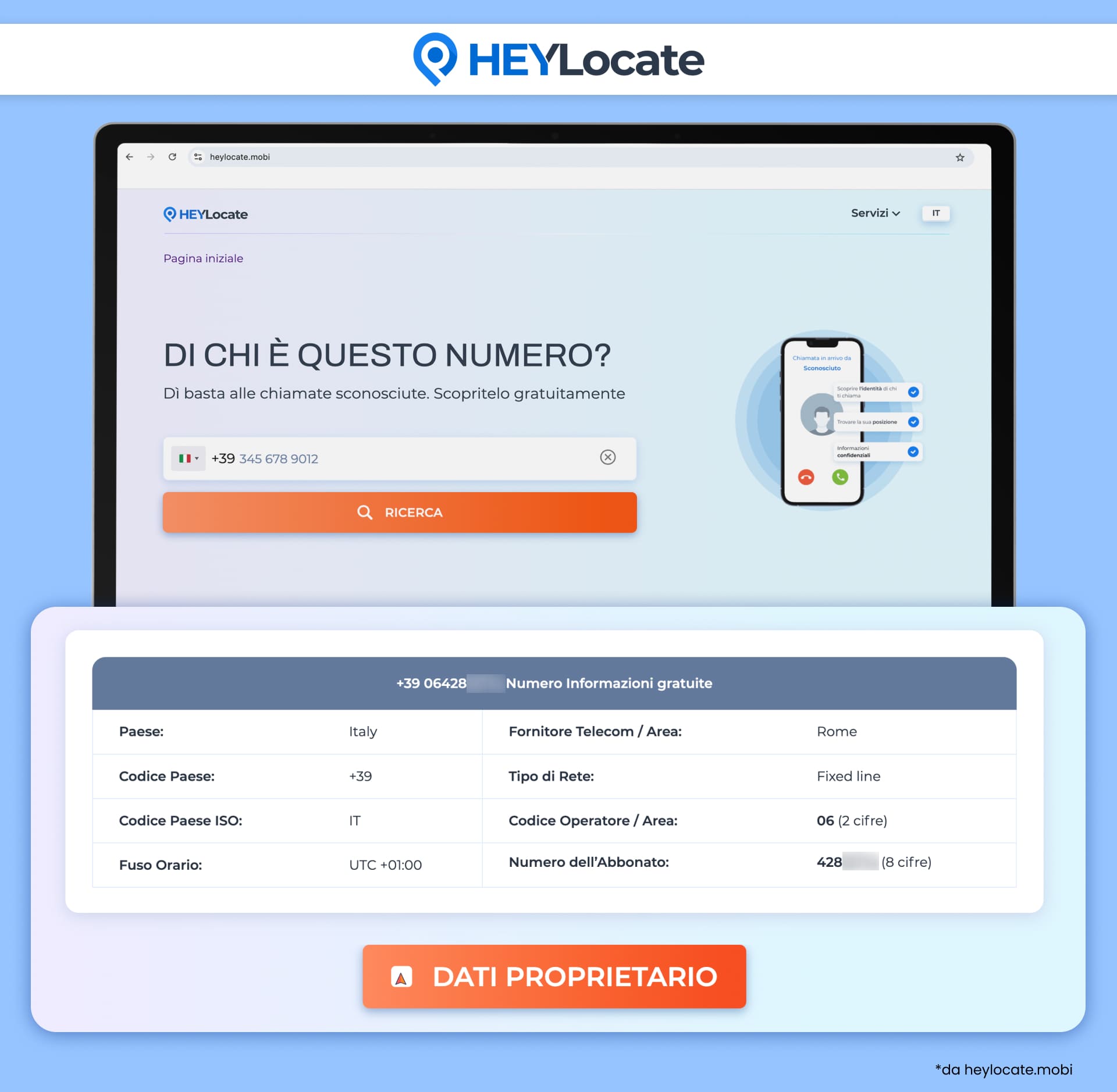 HeyLocate mostra una ricerca telefonica inversa gratuita con informazioni sul prefisso, sull’operatore e sul tipo di rete del numero cercato.