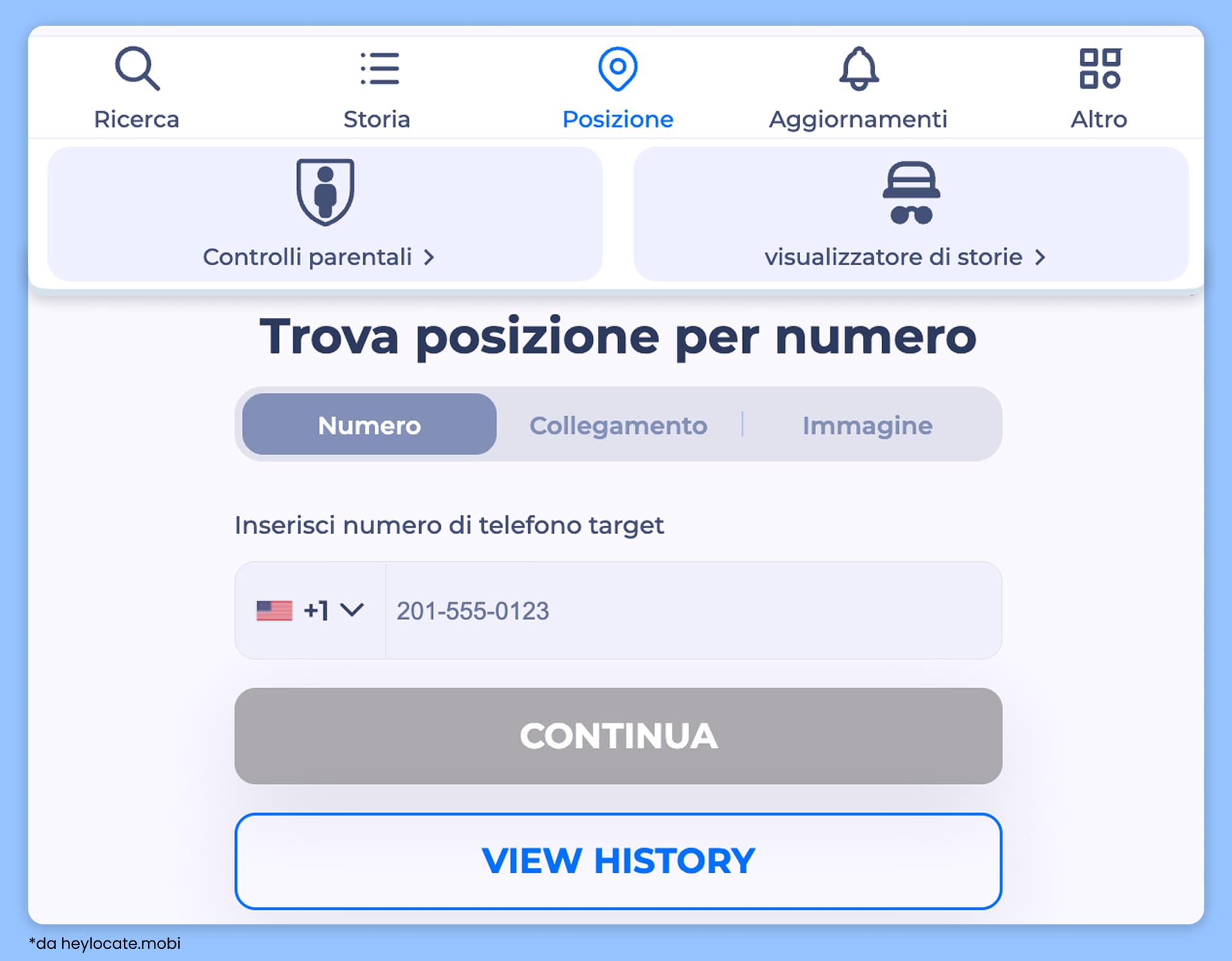 Funzionalità della dashboard offerte dal servizio, come lookup, history, location, updates, other, parental control e story viewer.