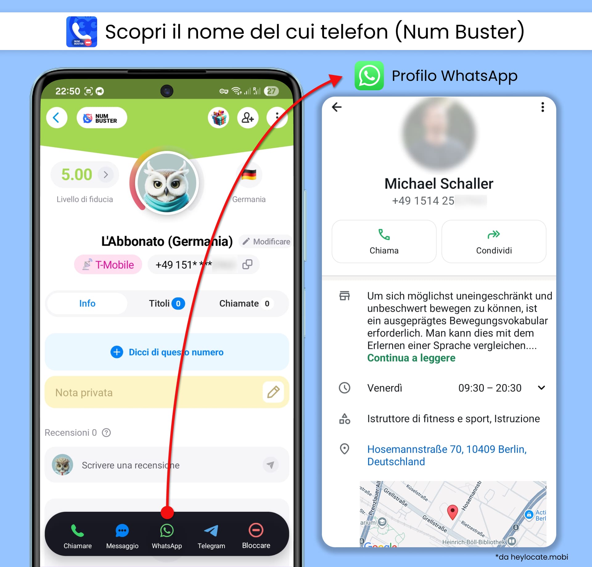 Num Buster mostra un risultato di ricerca telefonica inversa con un link al profilo WhatsApp del numero.