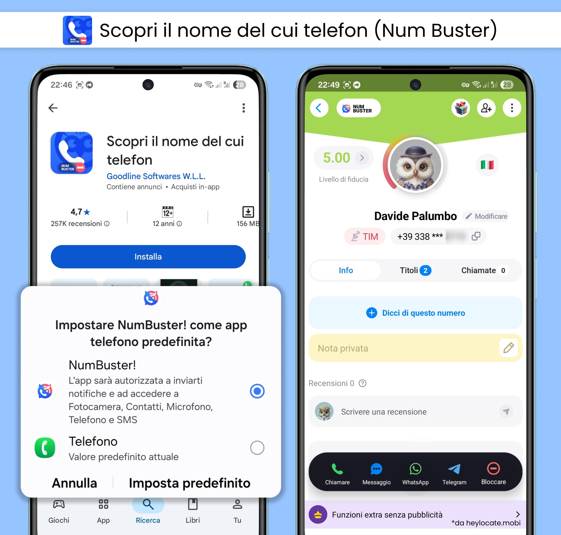 Num Buster mostra un risultato di ricerca telefonica inversa con un profilo associato al numero cercato.