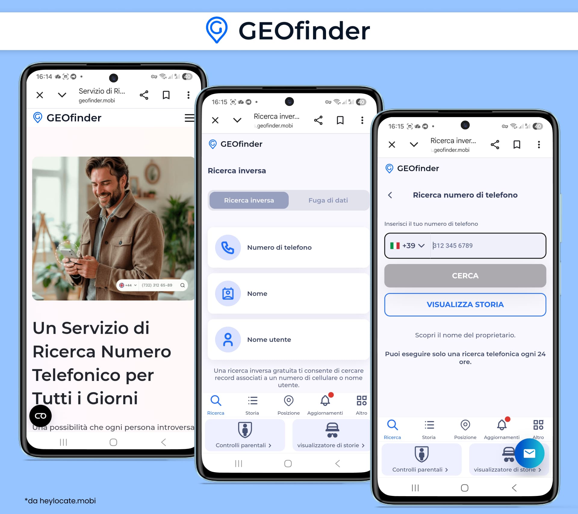 Servizio GEOFinder di ricerca inversa del numero con panoramica delle funzioni, schermata di ricerca e opzioni per cercare per numero di telefono, nome e nome utente.