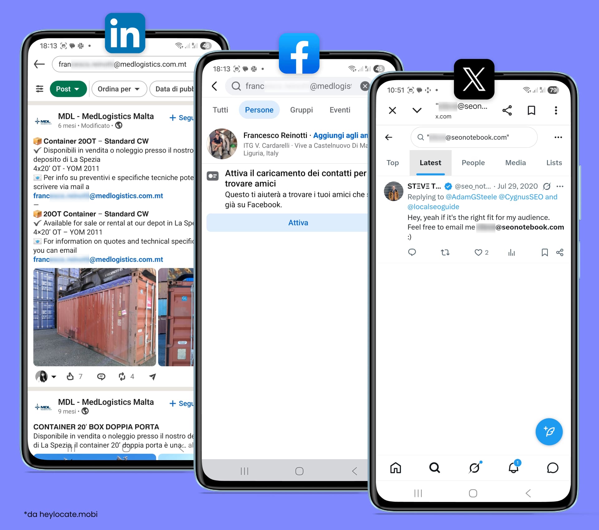 Ricerca di un indirizzo email su LinkedIn, Facebook e X per trovare profili corrispondenti, menzioni pubbliche e possibili indizi sull’identità.