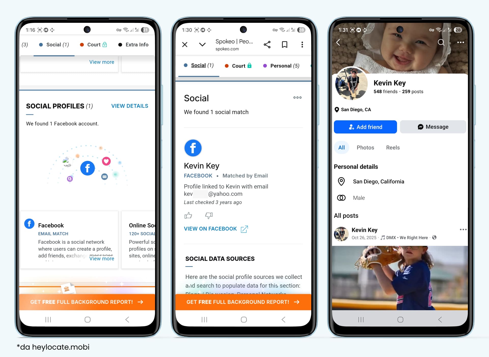 Encuentra perfiles sociales y correo electrónico, y ofrece una ruta para ver el perfil en Facebook.