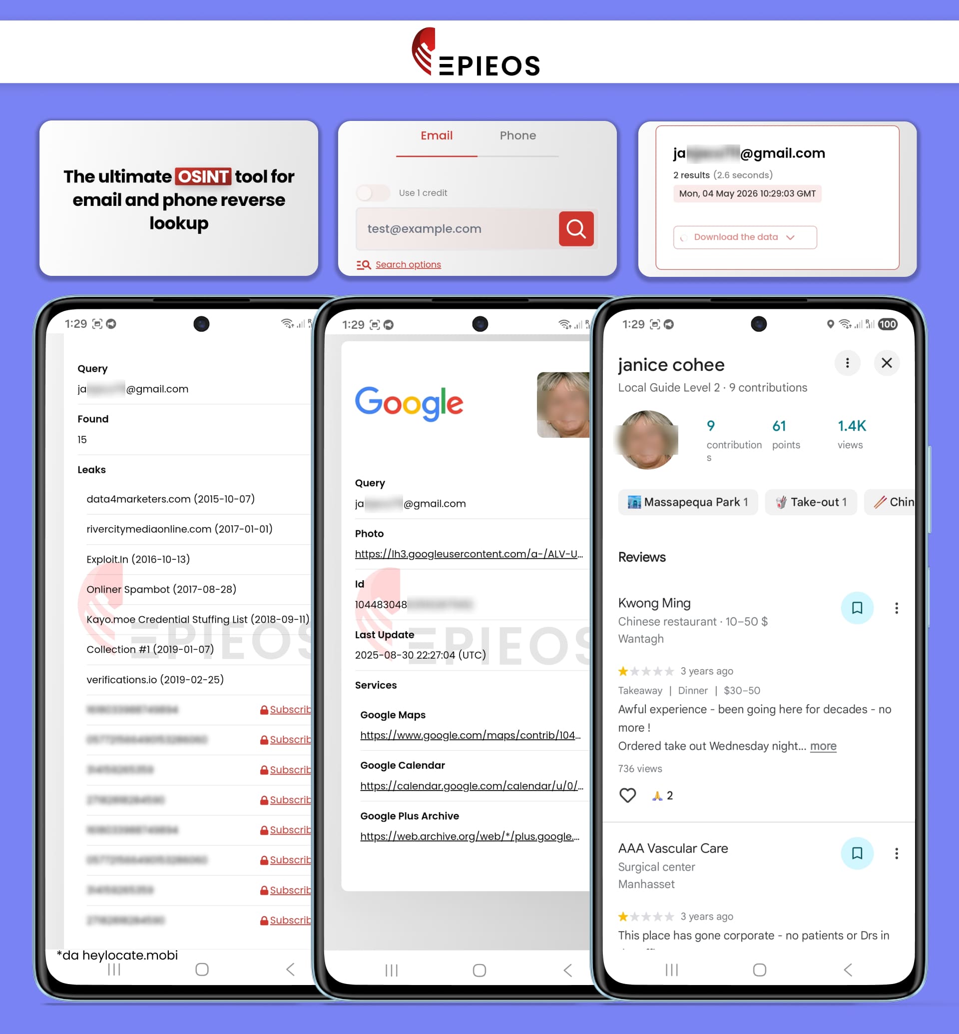 Epieos controlla un indirizzo e-mail tra leak, servizi Google e profili pubblici per trovare dati OSINT collegati.