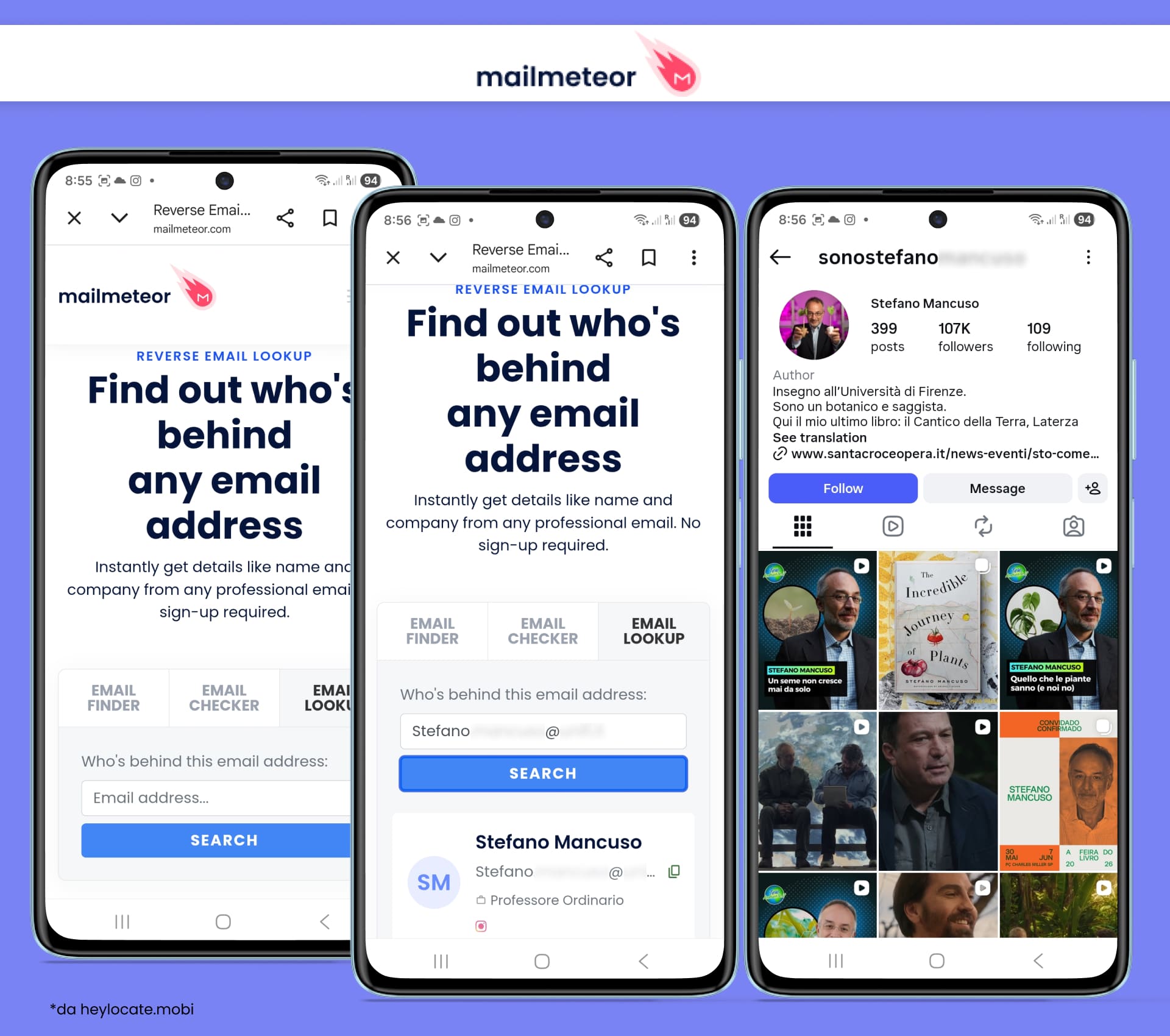 Mailmeteor mostra una ricerca inversa email con un possibile profilo identificato, nome, ruolo professionale e collegamento a un account social pertinente.