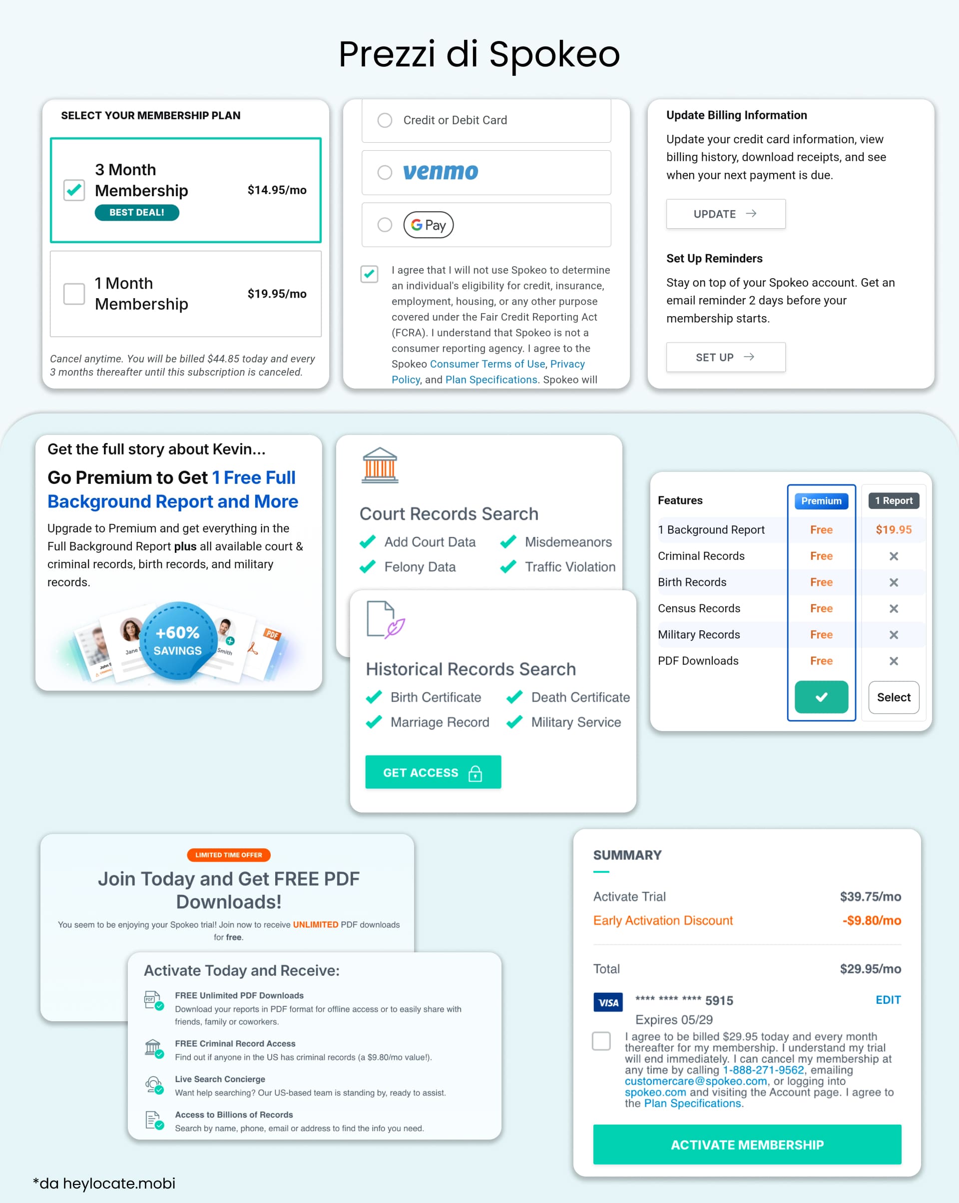 Las pantallas de precios muestran membresías mensuales y de tres meses, activación de prueba, registros adicionales, descargas en PDF, opciones de pago y términos de facturación recurrente