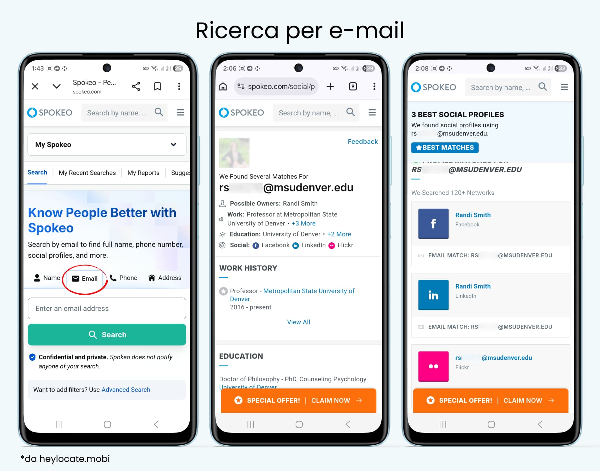 La búsqueda por correo electrónico encuentra un posible propietario, detalles de trabajo y educación, y perfiles sociales coincidentes de Facebook, LinkedIn y Flickr.