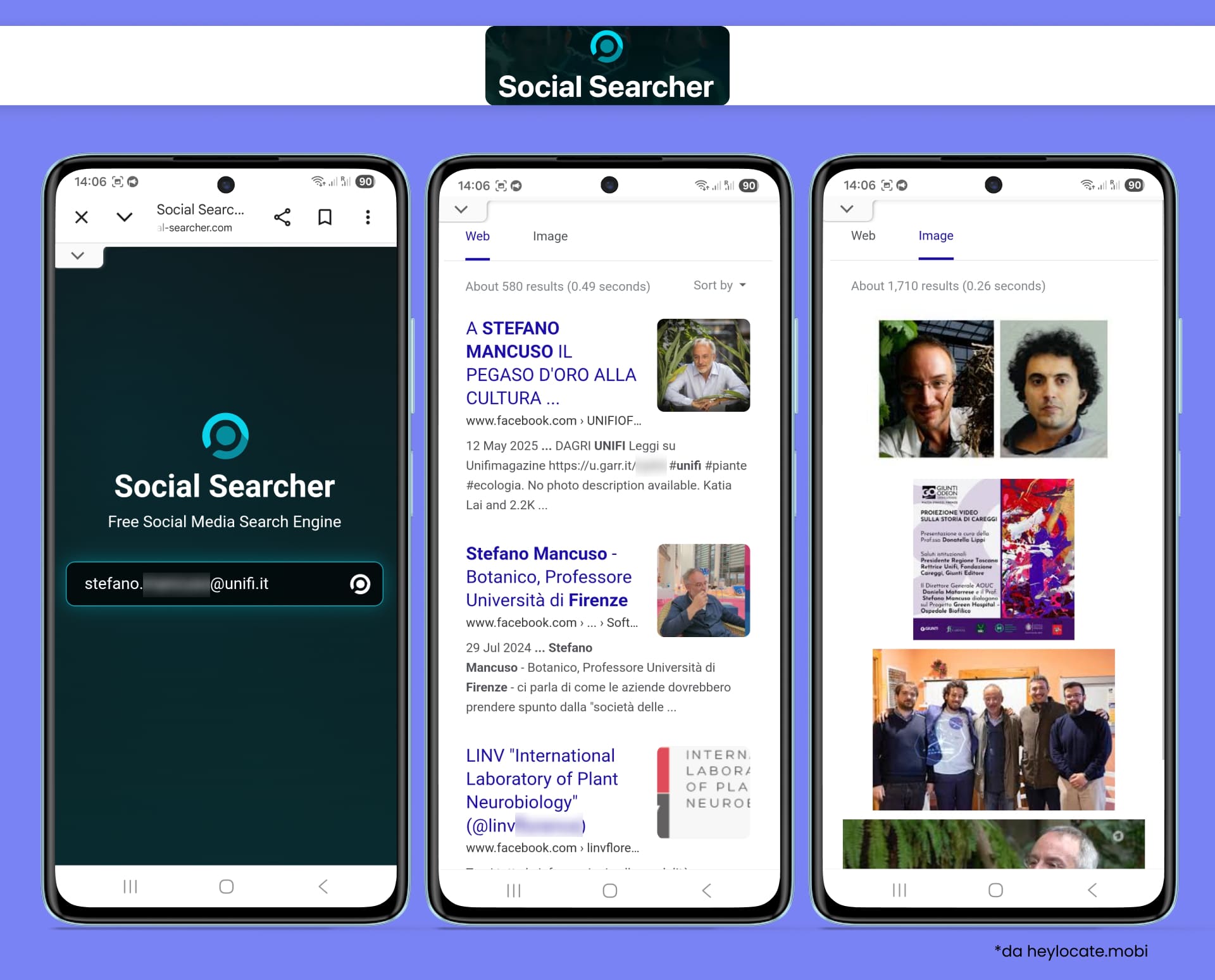 Social Searcher cerca un indirizzo e-mail e mostra risultati web e immagini collegati a profili social e menzioni pubbliche.