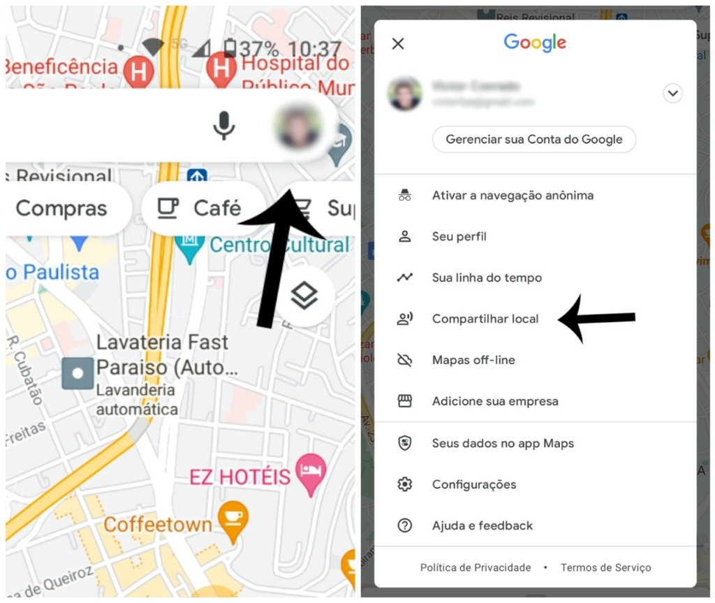 Mudar para o menu Google Maps, separador Partilha de localização