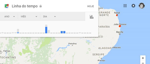 exibição visual do histórico de 30 dias de localização no Google Maps