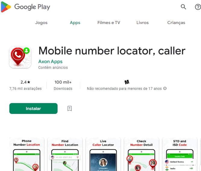 capturas de ecrã de aplicações móveis "Mobile number locator, caller" das aplicações Axon