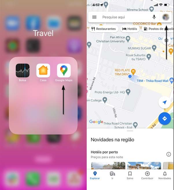 capturas de ecrã de aplicações móveis de como procurar iPhone através do Google Maps, passos 1-2