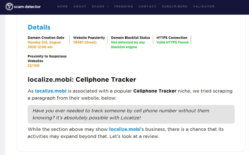 Detalhes sobre Localize.Mobi no scam-detector.com