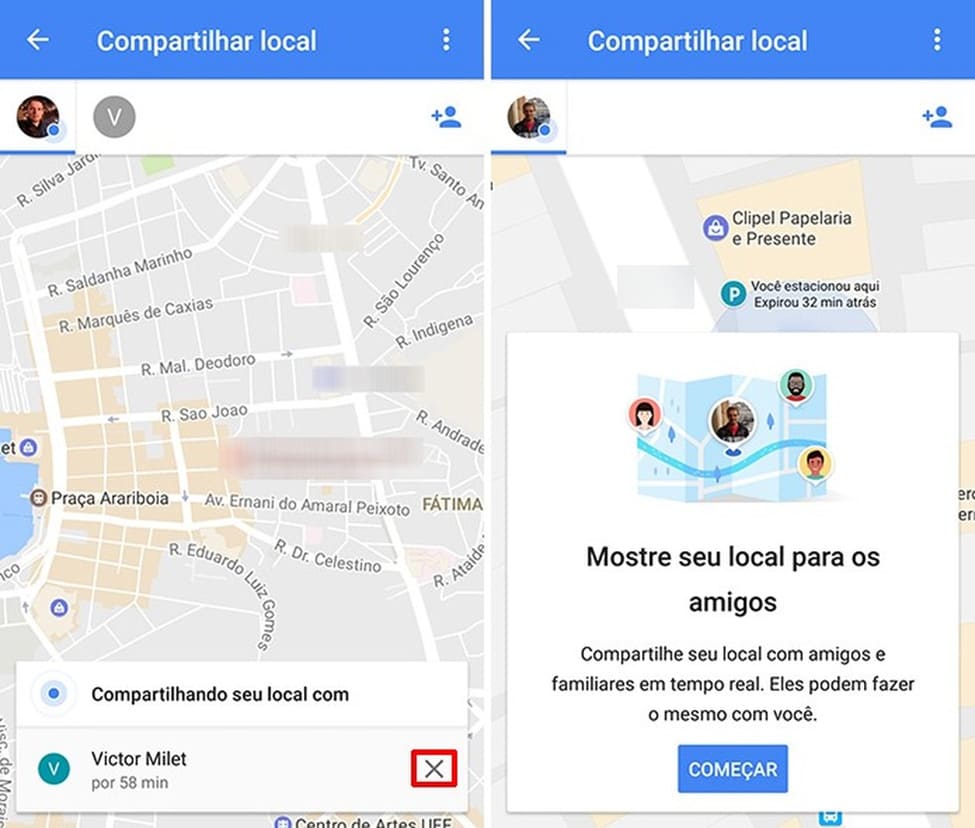 configurações > Compartilhamento de localização do telefone Android