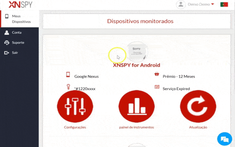 Painel do aplicativo de monitoramento XNSPY com recurso de keylogger