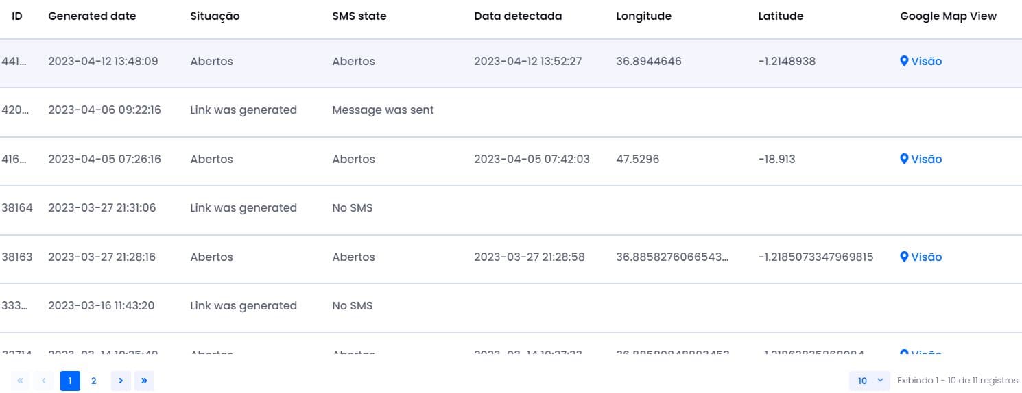 Uma captura de ecrã da página GEOfinder.mob com a data, a hora e a localização do seu filho