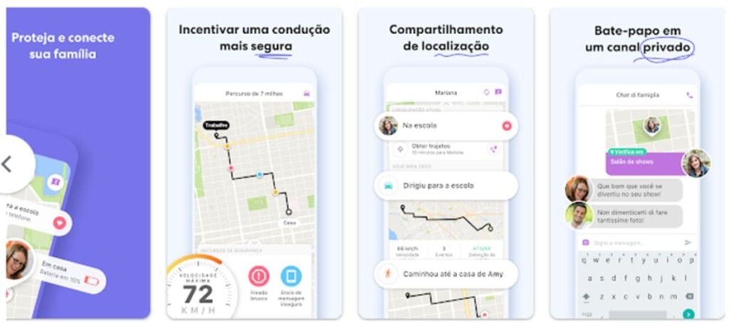 capturas de ecrã com mapa e condução segura localização partilhada e conversação privada