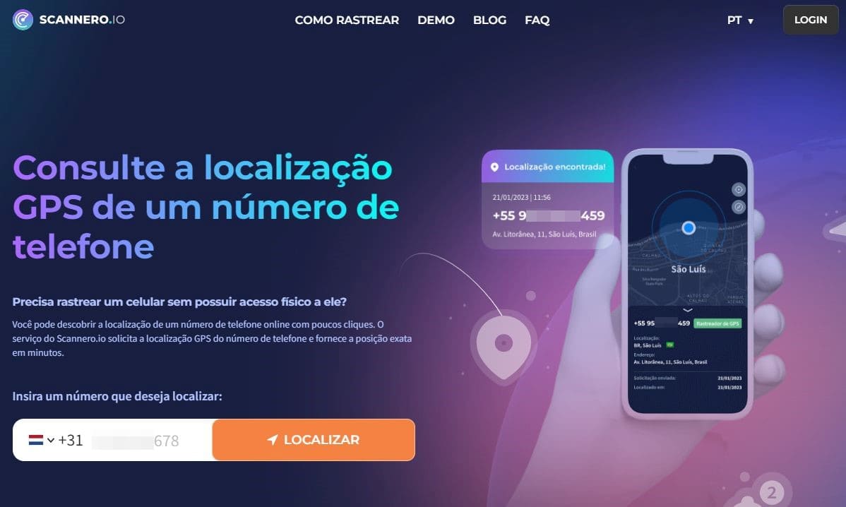 A página principal da aplicação scannero com uma célula para introduzir o número de telefone para pesquisa
