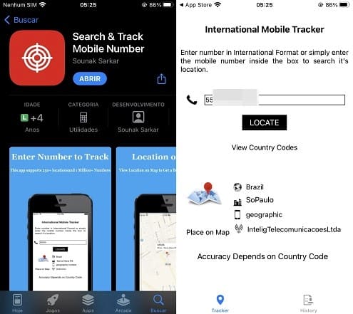 Três capturas de ecrã da instalação do Search & Track Mobile Number by Sounak Sarkar e do marcador de mapa