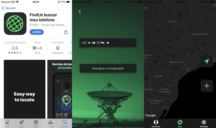 Três capturas de ecrã da instalação e pesquisa de mapas do localizador de telemóveis GPS FindUs