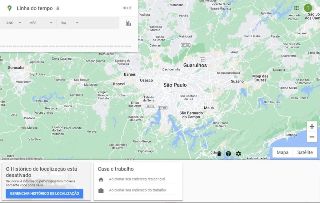 Ecrã para visualizar o histórico de localização no Google Maps