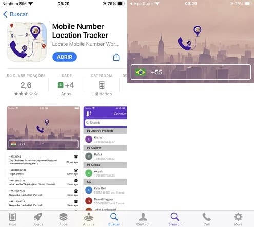 Três capturas de ecrã da instalação do Mobile Number Tracker e da pesquisa no mapa