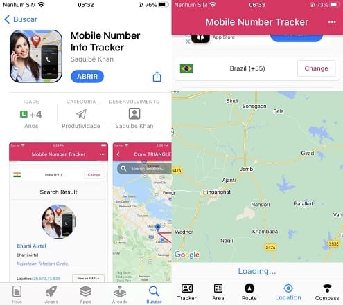 Duas capturas de ecrã da instalação e transferência do Mobile Number Info Tracker