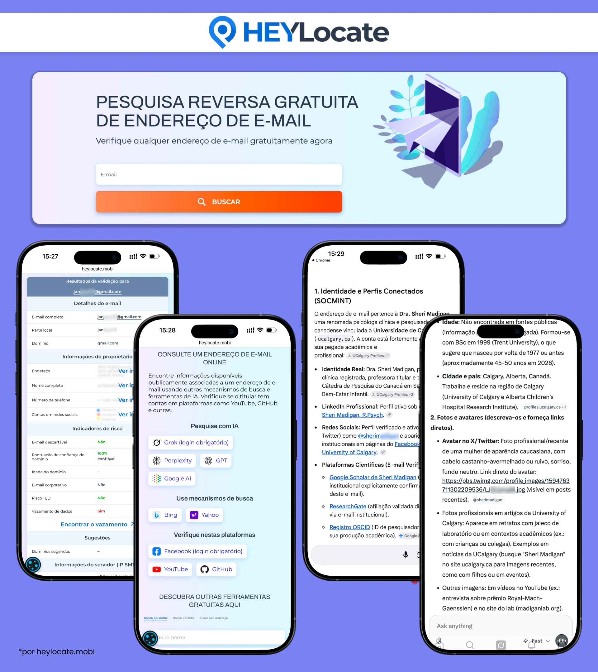 A busca reversa de e-mail gratuita da HeyLocate verifica um endereço de e-mail, mostra detalhes de validação e risco, e oferece opções com IA e mecanismos de busca para uma pesquisa OSINT mais aprofundada.