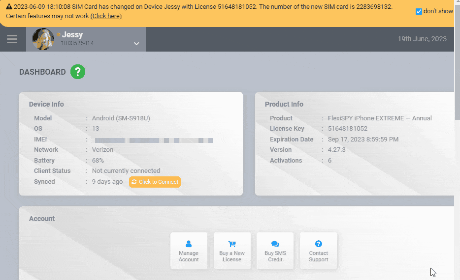Painel de controle do aplicativo de monitoramento FlexiSPY com o recurso de keylogger registrando todas as entradas