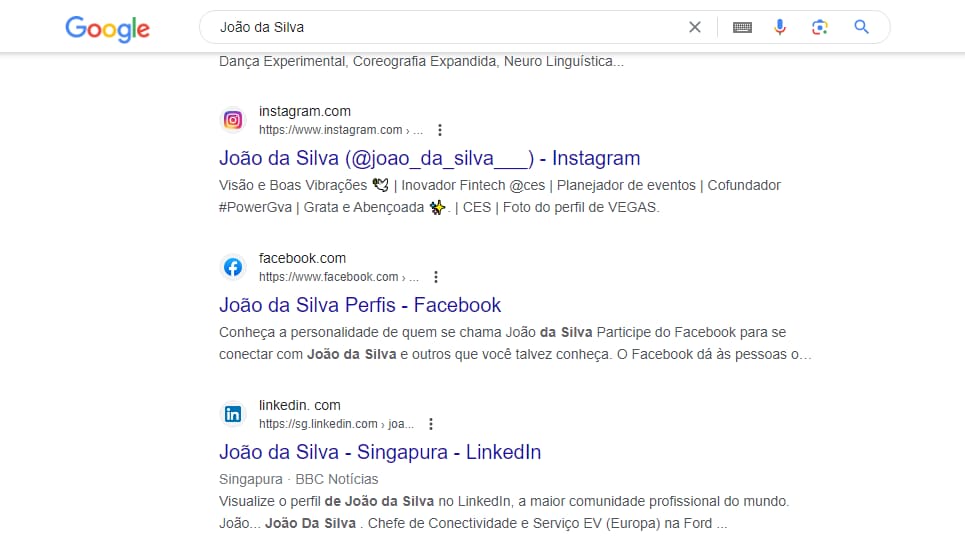 Pesquisando o nome João da Silva no Google