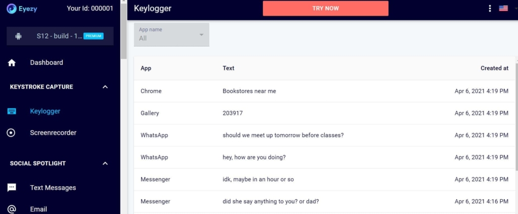 Painel do aplicativo de monitoramento Eyezy com relatório de keylogger do messenger e WhatsApp