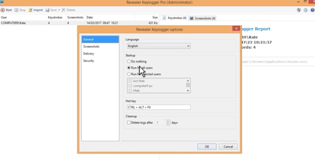 Captura de tela das opções do Revealer keylogger no monitor do PC